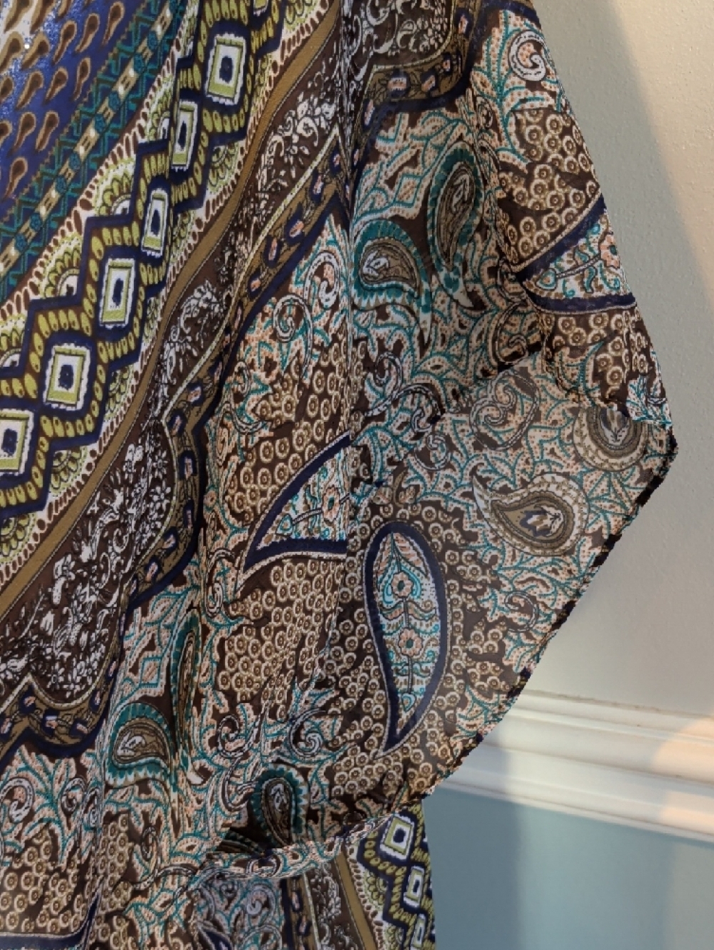 Jessica Multicolor Paisley Sheer Kimono in Teal, Brown & Cream - Picture 4 of 8